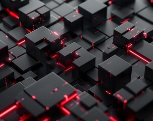 Abstract red cubes in a three-dimensional space