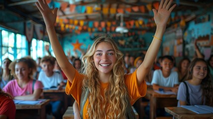 Obraz premium Student in a classroom raising hands enthusiastically