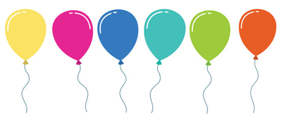 Balloon in cartoon style. Bunch of balloons for birthday and party. Flying balloon with rope. Set of colored party balloons tied with strings isolated on white background.  © Quirk Craft Studio