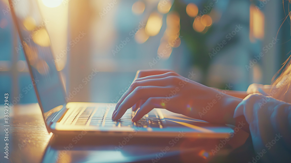 Aufkleber close-up of hands typing on a laptop keyboard, with a bokeh light background, illustrating the conce