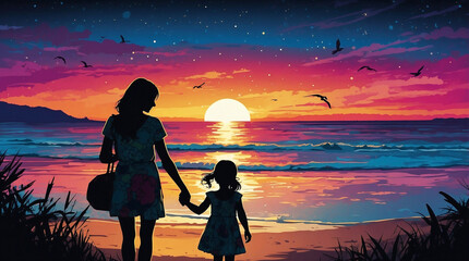 Silhouette of Mother and Daughter at Sunset by the Sea