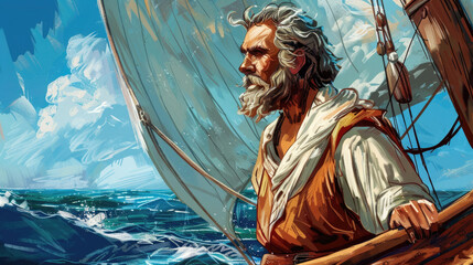 watercolor illustration, vintage postcard, Day of the Seafarer, portrait of an elderly sailor at the stern of a ship with white sails, blue sky, copy space