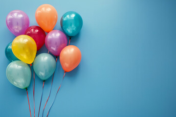 Festive balloons on the bottom left corner, placed on a blue background with generous copy space, flat lay