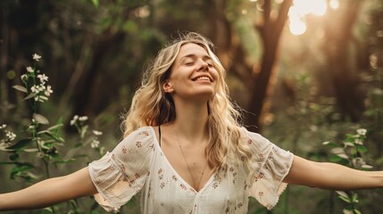Naklejka premium Experiencing Joy and Freedom: A Blonde Woman Embraces Life in the Heart of the Forest