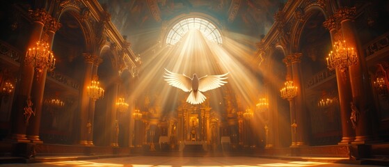 White dove flying inside of majestic cathedral