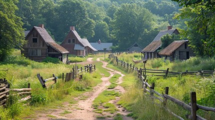 Colonial reenactment village, actors in period clothing, American Revolution era
