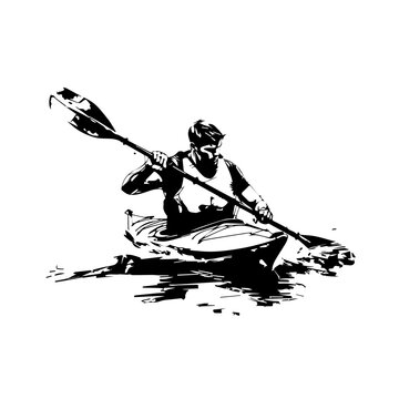 recommend clip art: Monochrome drawing of a man kayaking with dynamic strokes