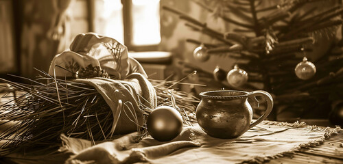 Hay under the tablecloth. Christmas element. Christmas decorations. Christmas elements. Christmas break. Christmas themes.
