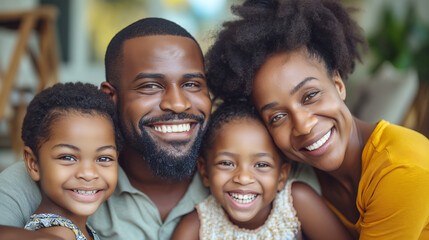 Fototapeta premium A happy family posing for a portrait, with a blurred natural background, expressing love and togetherness. Generative AI