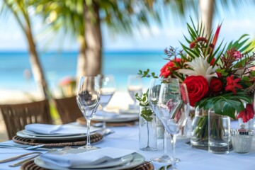 An elegant table setting with a tropical beach background, perfect for a romantic meal or a luxury event