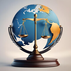 Gold scale of justice in front of a globe