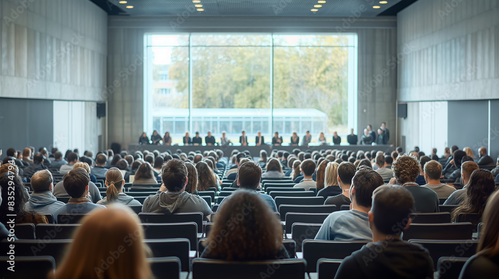 Poster a conference hall with audience listening to speakers, photographed in a realistic style, with large