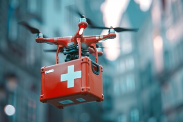 Close-up of a drone carrying a red first aid box, against a blurred urban background