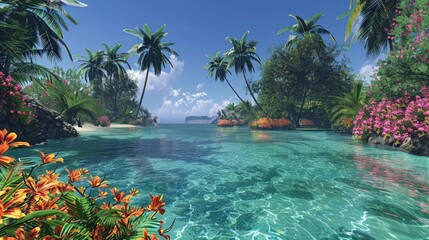 Tropical Paradise: Create a stunning tropical paradise with crystal clear waters, palm trees, and vibrant flowers,