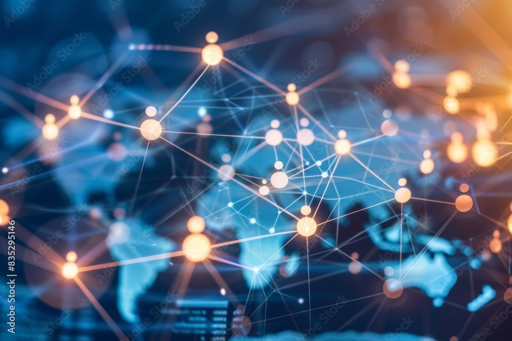 Poster intricate network of connected nodes and lines on a dark blue background symbolizing connectivity
