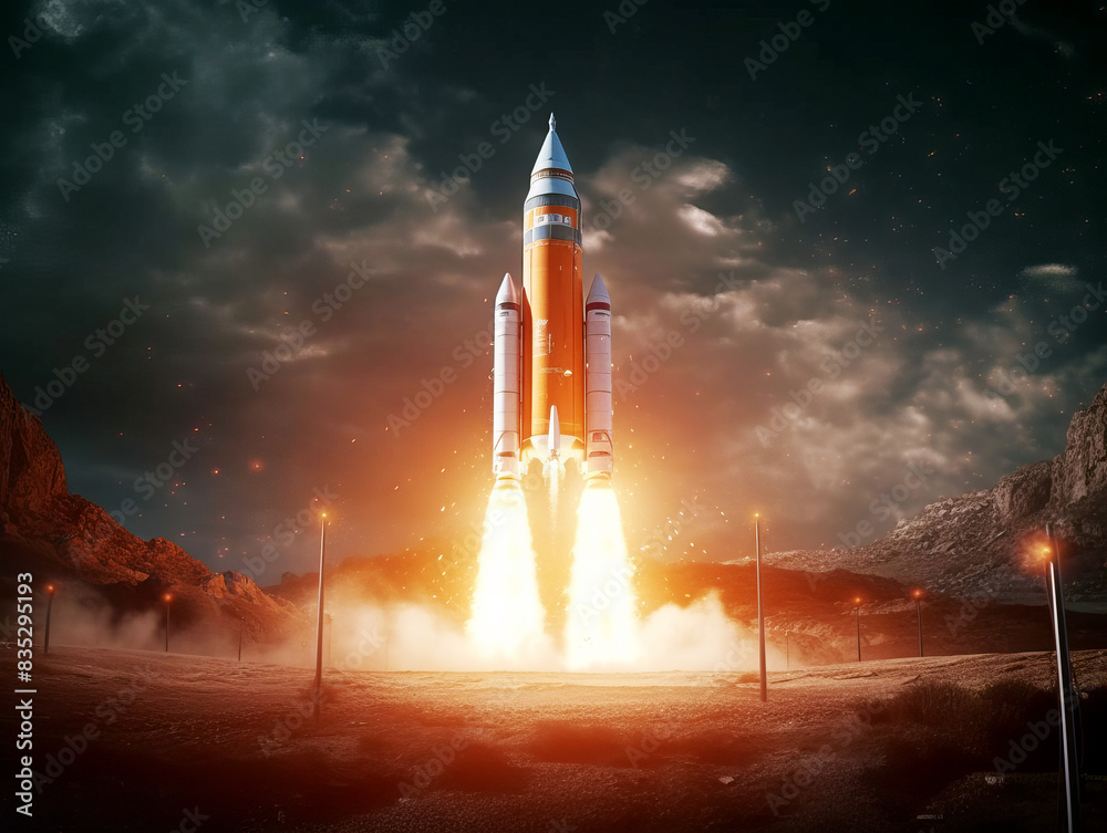 Poster a rocket launch at dusk, intense flames at the base, set against a mountainous background, symbolizi