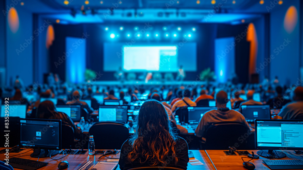 Poster attendees with computers at a conference, blurred background, focus on a woman's back, concept of pr