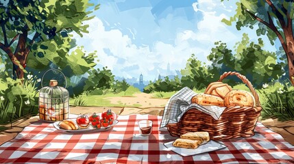 Vintage Summer Picnic: Illustrate a charming vintage summer picnic scene with a checkered blanket, wicker basket,