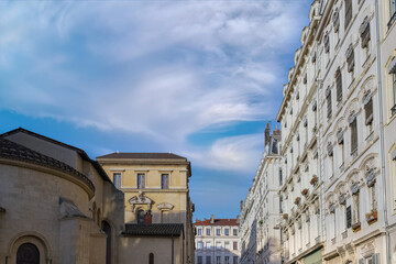 Lyon, typical street in the center, with beautiful buildings
