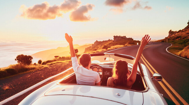 A couple enjoying a ride in a convertible car, arms raised, during a scenic sunset drive on an open road, concept of freedom and adventure. Generative AI