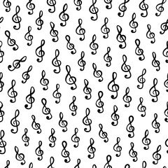 Treble clef music symbols on white background arranged in vector seamless pattern. Surface art texture in black and white for use in fabric or graphic design or printing on various surfaces.