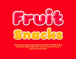 Vector artistic flyer Fruit Snacks. Glossy Glossy Font. Decorative Alphabet Letters and Numbers set. 