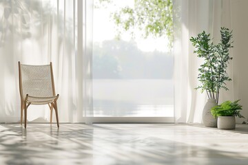 Fototapeta premium Bright sunny room with minimalistic chair and green plants.