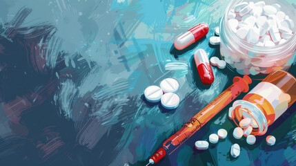 watercolor illustration, vintage postcard, International Day Against Drug Abuse and Illicit Trafficking, red and white capsules and tablets scattered, blue background, copy space, free space for text