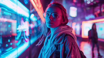 Fototapeta premium A teenager in a cyberpunk landscape