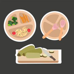 Kids Dinner Time. Kids plate, a pacifier for children, a bottle for water and milk, fork, spoon silicone dishware for baby, food for little baby vector. First baby food concept, serving food for kids