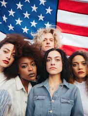 Fototapeta premium Serious diverse multicultural american people agains american flag background on independence day or commemoration day