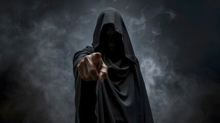 Grim Reaper with hand pointing at the camera, dark background, fog and mist, scary atmosphere