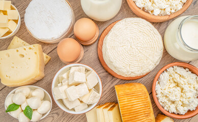 Farm dairy products milk, cheeses, cottage cheese, eggs, yogurt, butter. organic healthy products...