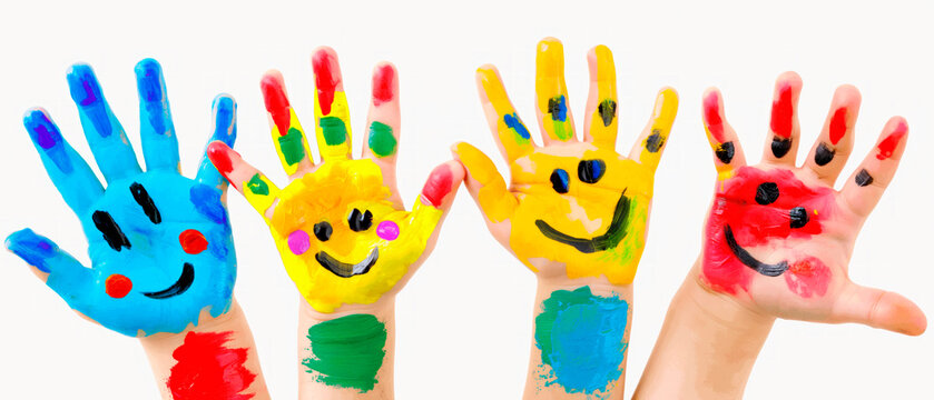 Four painted hands with smiley faces against a white background, showcasing a concept of creativity and fun. Generative AI