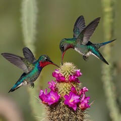 Obraz premium Panoramic Composition of Adult Male Broad Billed Hummingbird Feeding at Cactus Flower 