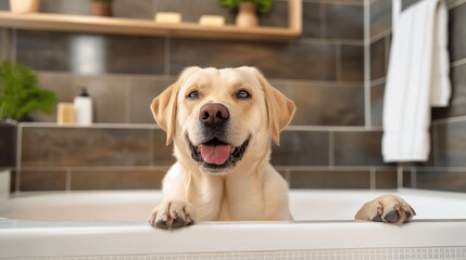 A Labrador dog is sitting in the bathtub, smiling at the camera, in a modern bathroom interior...