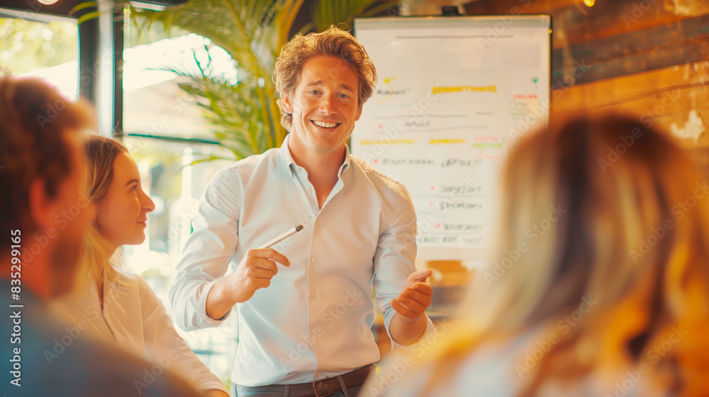 Poster a smiling man presenting in front of a whiteboard during a meeting in a warmly lit room, concept of 