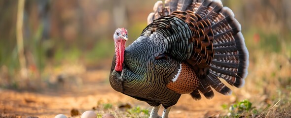 A beautiful turkey with eggs in the background.