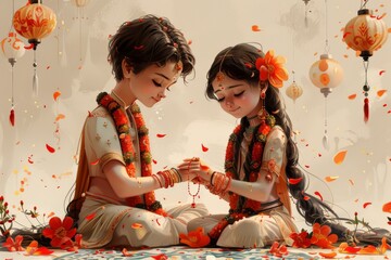 Raksha Bandhan Sister is tying Rakhi on her brother's wrist, Cartoon Illustration