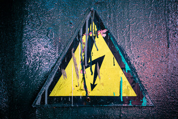 Dirty High Voltage sign on a gray wall. Lightning in a yellow triangle