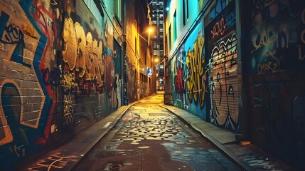 Obraz premium Urban street art room interior with animated graffiti and murals, VR concept, neon glow
