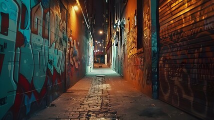 Fototapeta premium Urban street art room interior with animated graffiti and murals, VR concept, neon glow