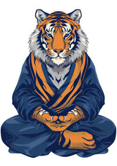 tiger in a silk robe sits in the lotus position on a white background, meditation, illustration, harmony, logo, yoga, Buddhism, Hinduism, animal, predator, wild cat, character, cartoon, zen, calm