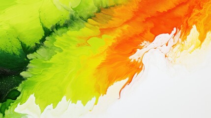 A painting of a green, yellow, and orange swirl with white copy space.