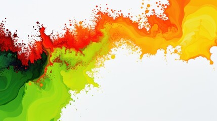 A painting of a green, yellow, and orange swirl with white copy space.