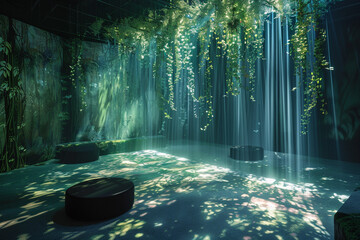 Chic Avant Art Gallery design with innovative sound and light installations in a serene, nature-inspired environment, blending auditory and visual creativity for a multisensory experience,