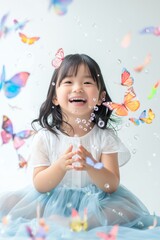 a little girl with colorful butterflies