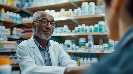 A pharmacist explaining the use of prescription cessation medications a dynamic and dramatic composition, with cope space