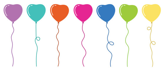 Balloon in cartoon style. Bunch of balloons for birthday and party. Flying balloon with rope. Set of colored party balloons tied with strings isolated on white background.  © Quirk Craft Studio