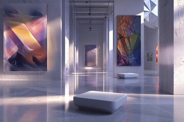 Contemporary Avant Art Gallery mockup showcasing digital parametric designs in a high-tech, minimalist environment, blending computational design and artistic creativity,